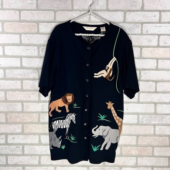 Bechamel Safari Zoo Animals Theme Black Short Sleeve Long Cardigan Size 1X - Picture 1 of 7